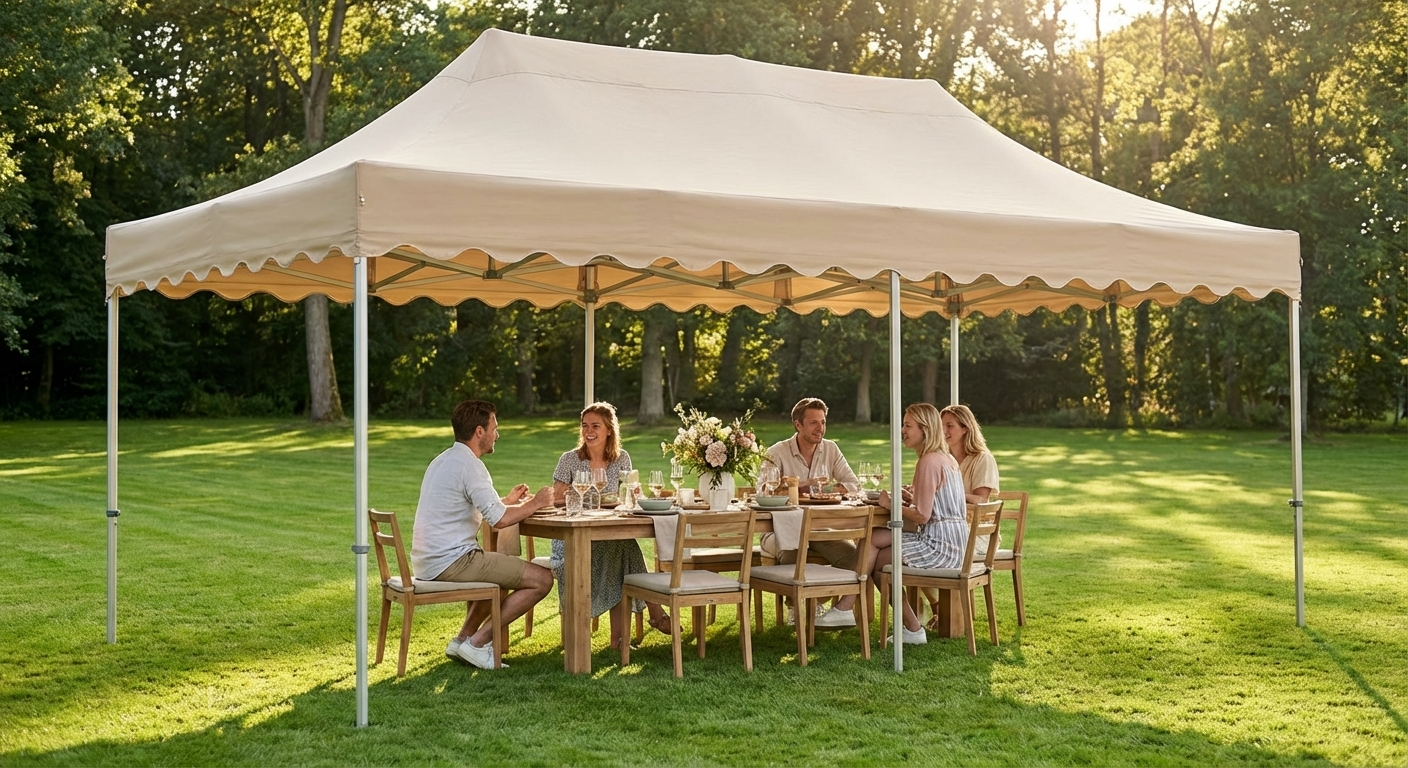 Pop up gazebo in latte colour with steel frame for outdoor events
