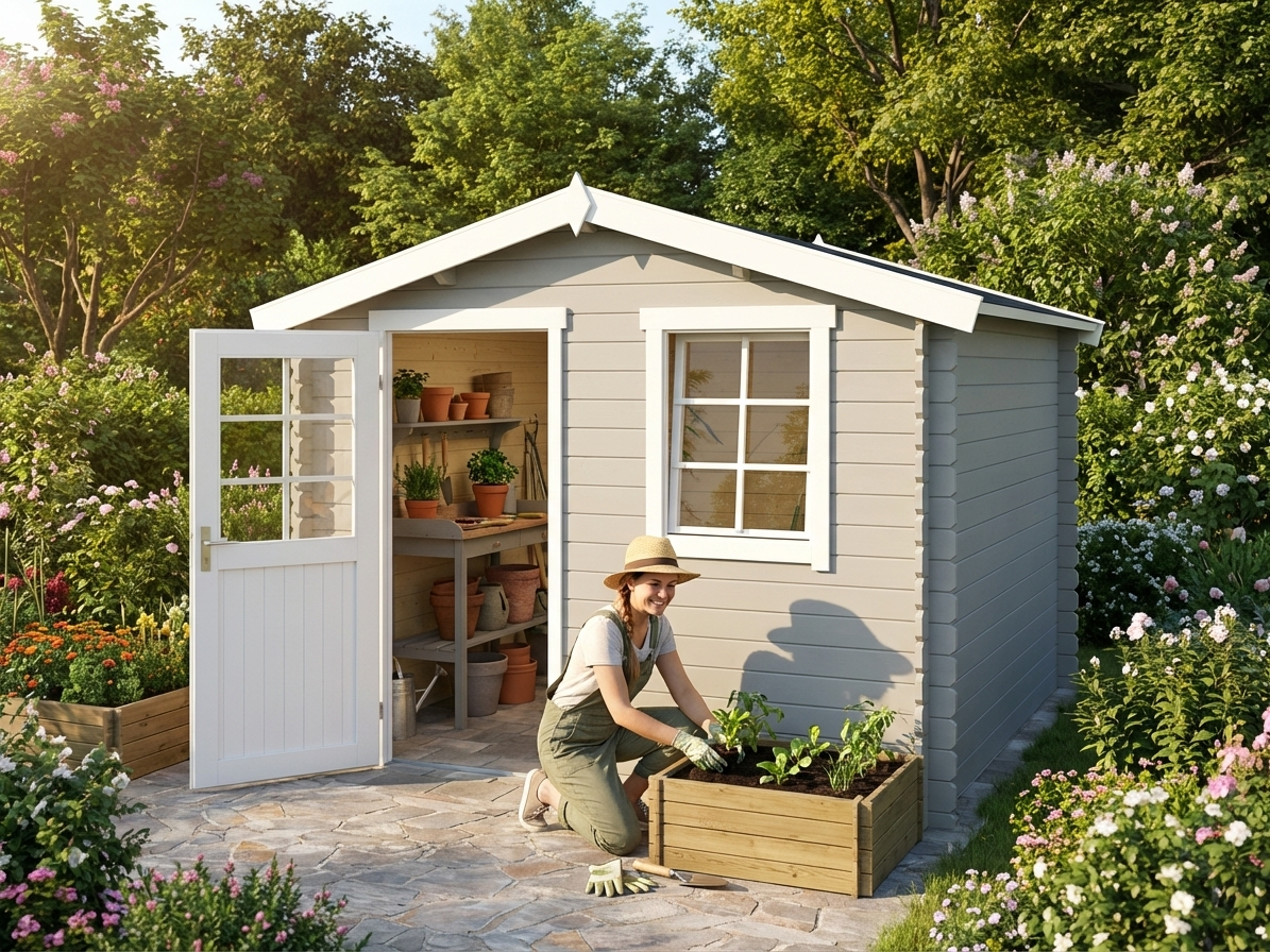 Light Grey Wooden Shed made from Nordic Spruce for garden storage