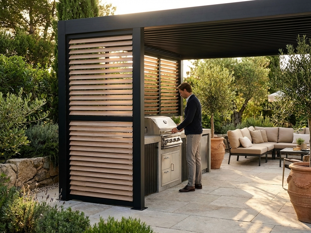 Louvre wall for BBQ pergola in black and wood-look finish