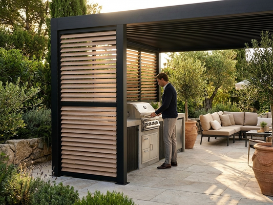 Louvre wall for BBQ pergola in black and wood-look finish