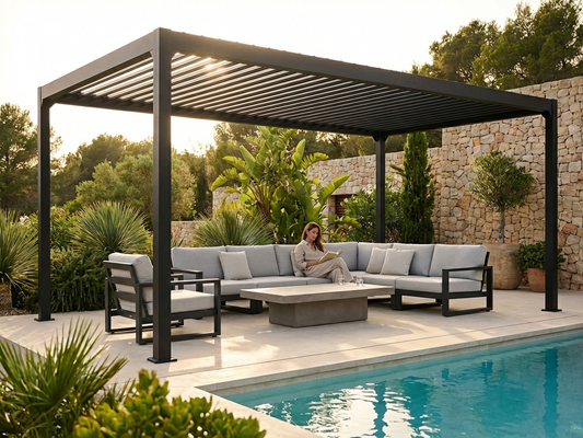 Bioclimatic pergola gazebo in black for outdoor use
