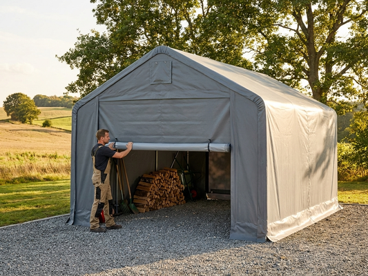 PVC storage shelter endwall in grey, offering industrial-grade protection