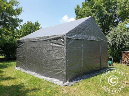 Grey outdoor storage tent with galvanised steel frame