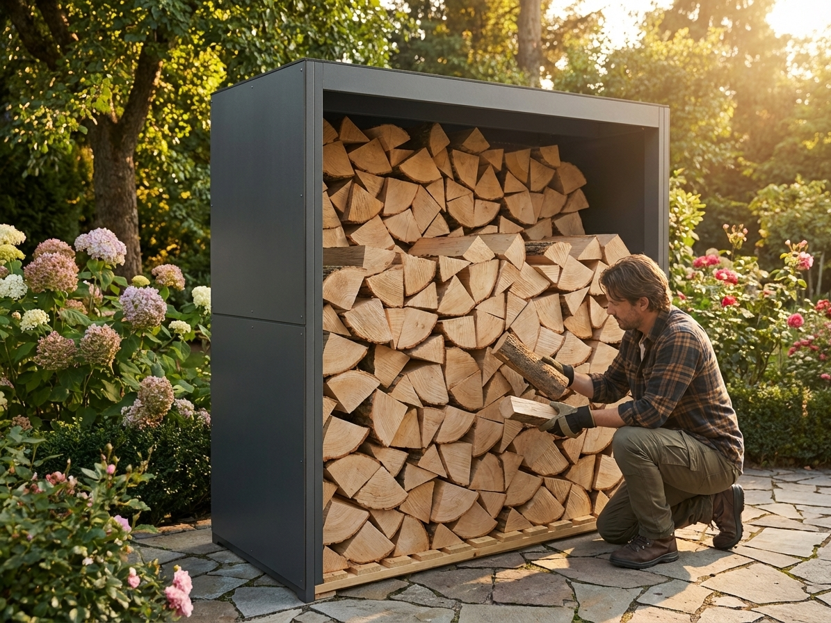 Wood storage unit in grey, made of Nordic Spruce and HPL for garden use - product detail