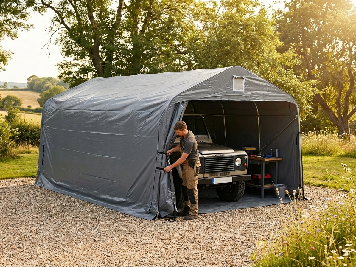 Portable garage in grey PVC with ground cover