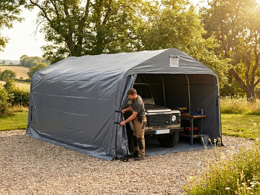 Portable garage in grey PVC with ground cover