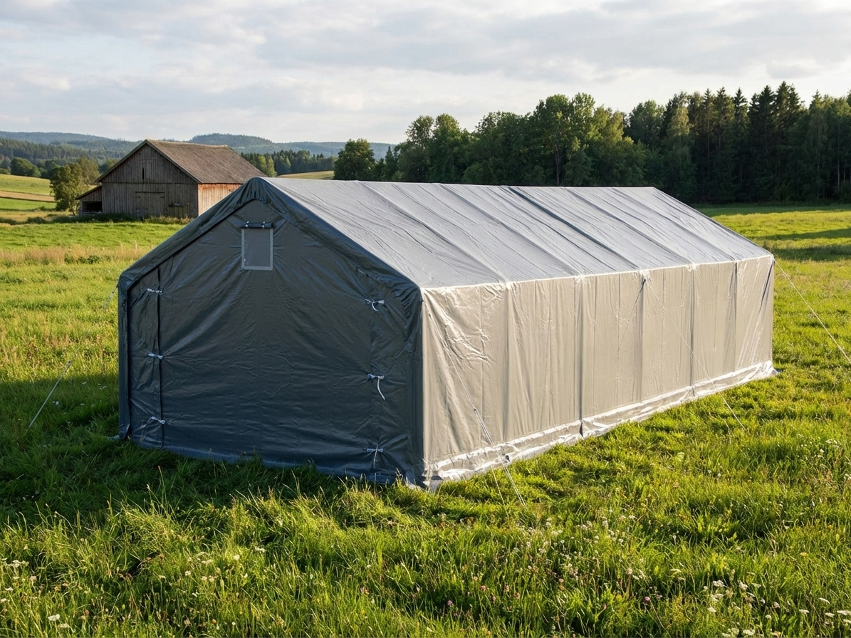 Grey PVC and steel storage shelter, 5x12m, ideal for industrial use