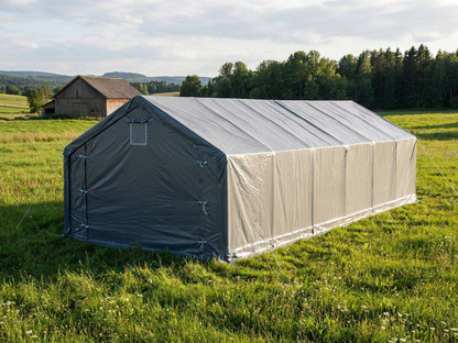 Grey PVC and steel storage shelter, 5x12m, ideal for industrial use