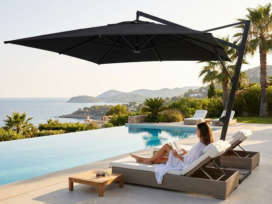 Black cantilever parasol with aluminium frame