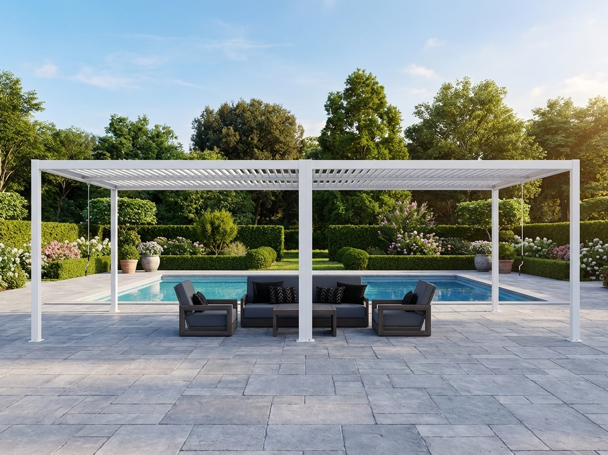 Bioclimatic pergola gazebo in white, aluminium structure - product detail