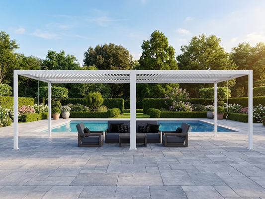 Bioclimatic pergola gazebo in white, aluminium structure - product detail