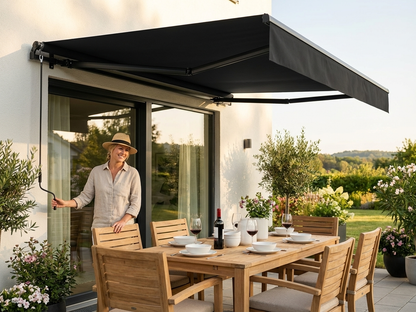 Black awning with aluminium frame in outdoor setting - view 3