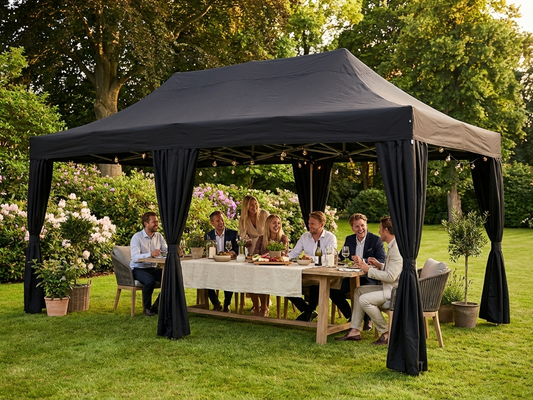 Pop Up Gazebo in Black with Steel Frame and Decorative Curtains