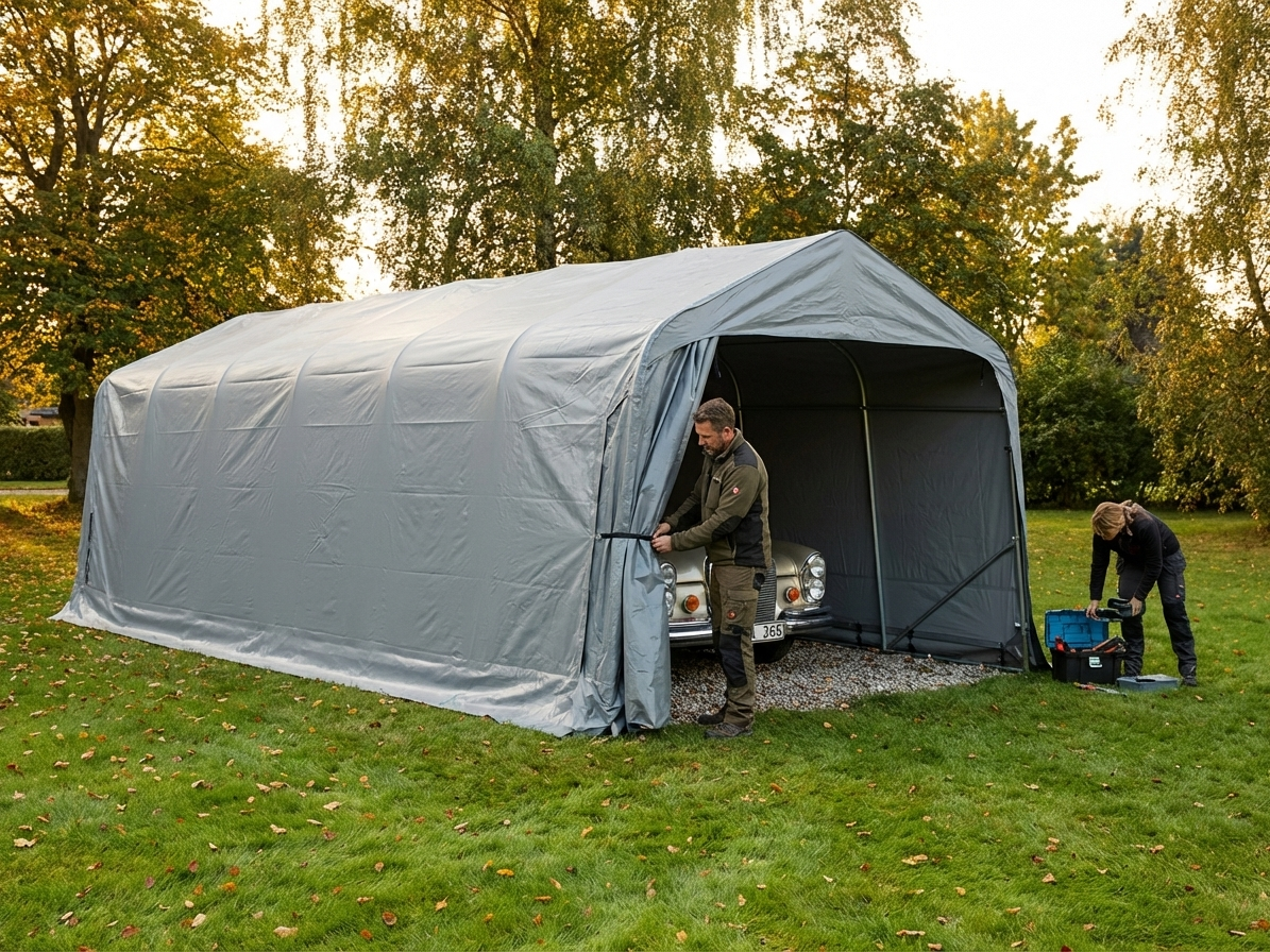 Grey portable garage made of PVC and steel, suitable for outdoor storage
