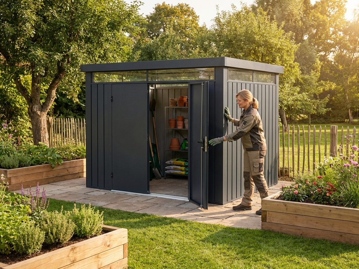 Anthracite garden shed with double doors, galvanised steel construction