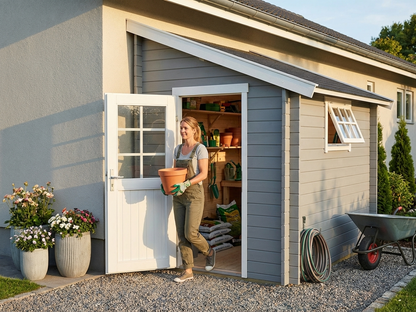 Light grey wooden lean-to shed made from Nordic Spruce