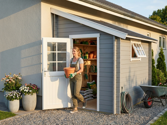 Light grey wooden lean-to shed made from Nordic Spruce