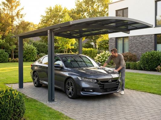 Grey carport with aluminium frame and polycarbonate roof
