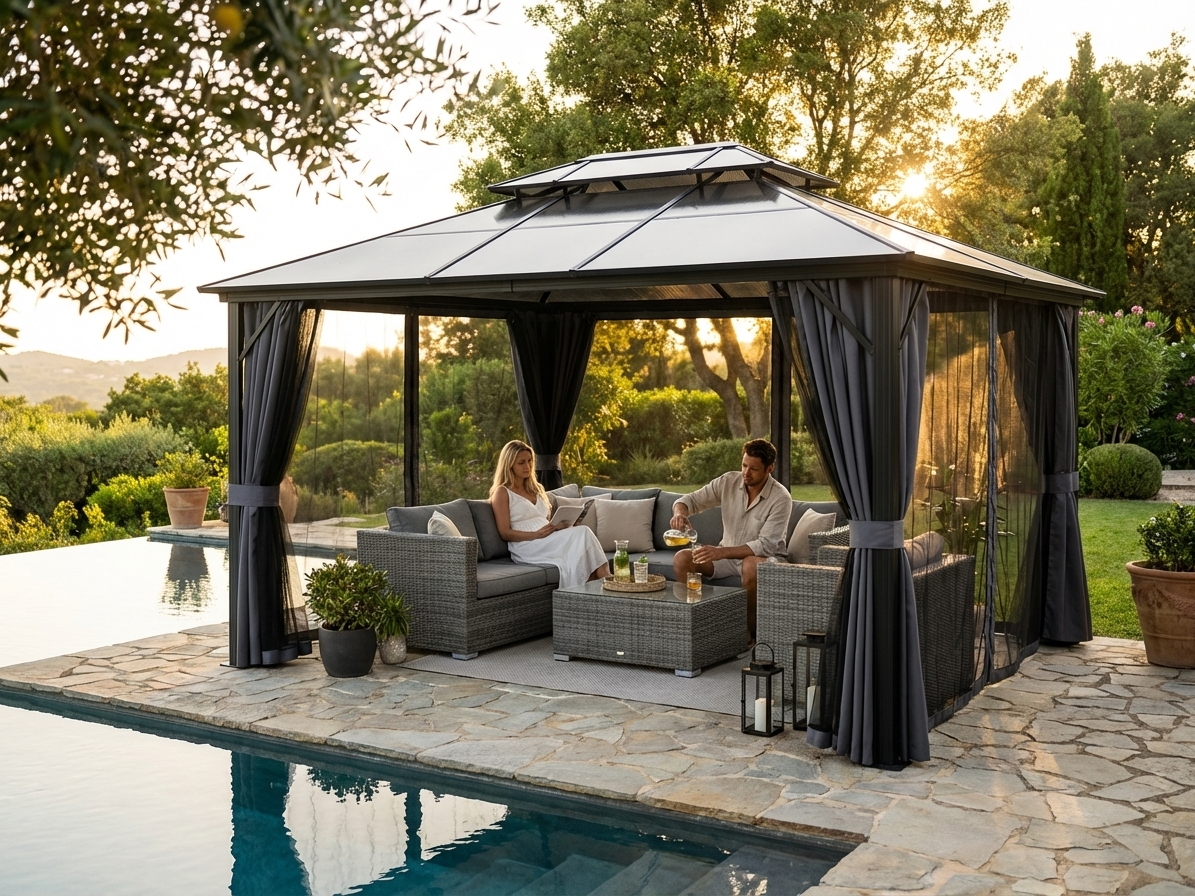 Black aluminium gazebo with curtains and mosquito net for outdoor use - product detail