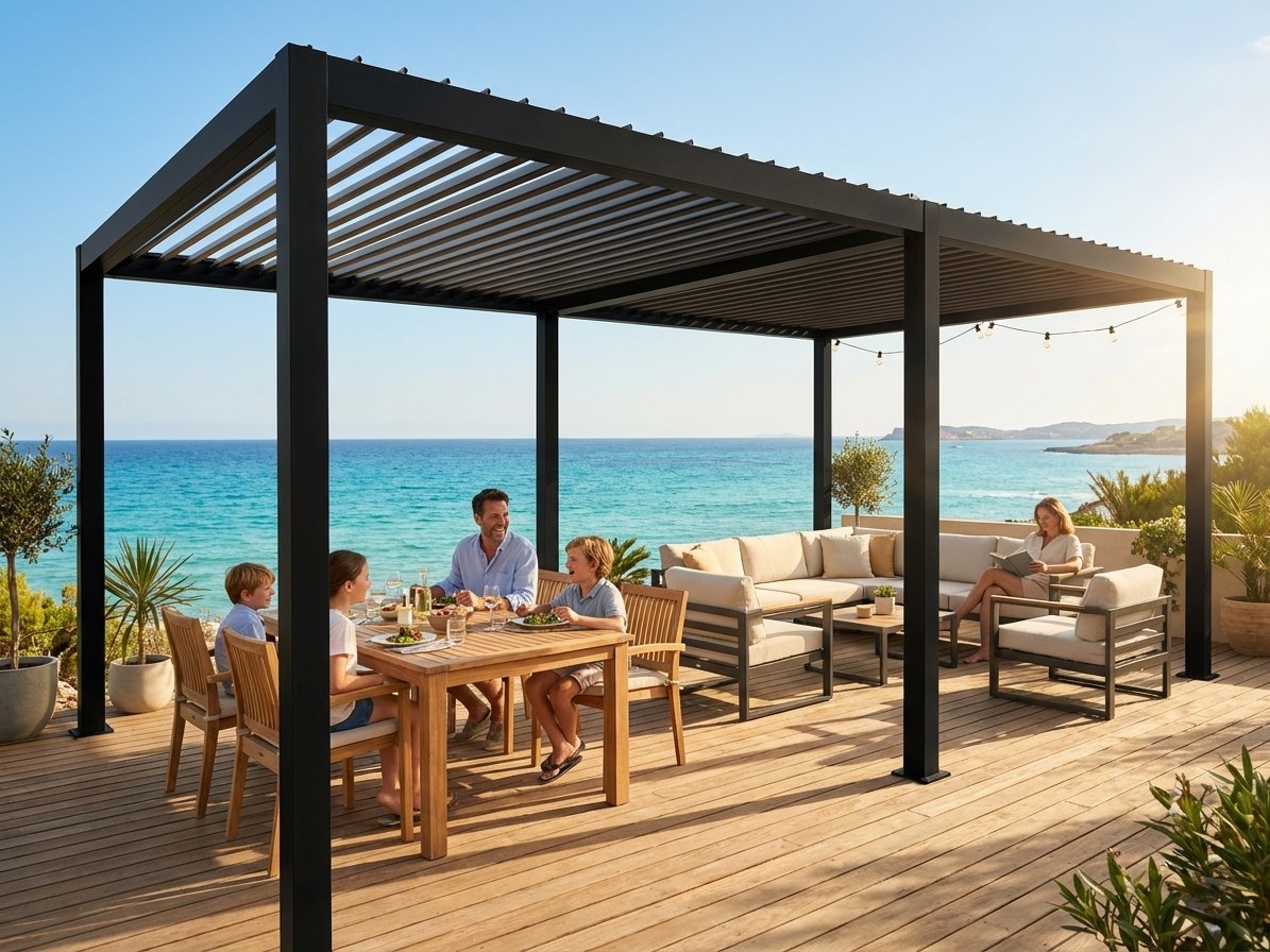 Black bioclimatic pergola gazebo in aluminium, ideal for outdoor spaces - view 3