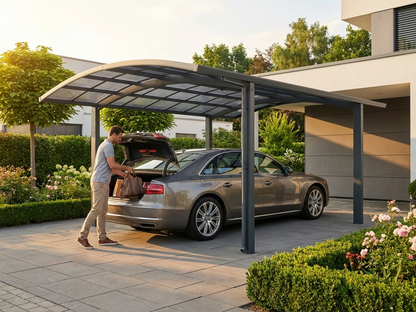 Grey carport with aluminium frame and polycarbonate roof - view 3