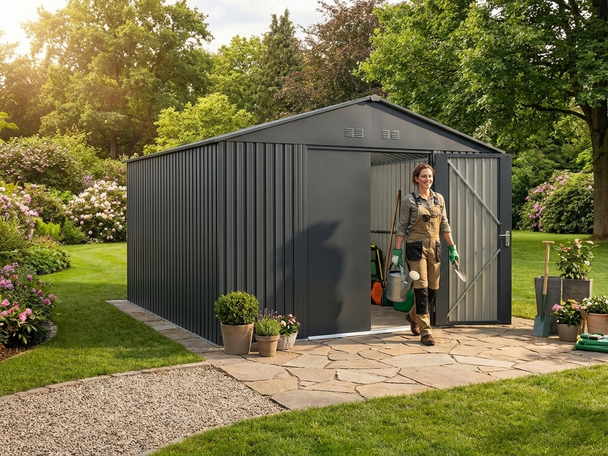 Garden shed in anthracite colour made of galvanised steel for outdoor storage - view 3