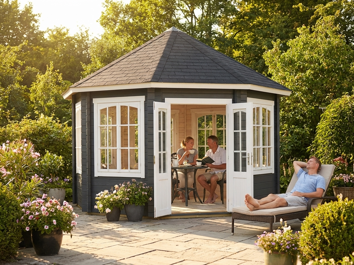 Octagonal wooden gazebo in dark grey, made from Nordic Spruce - product detail