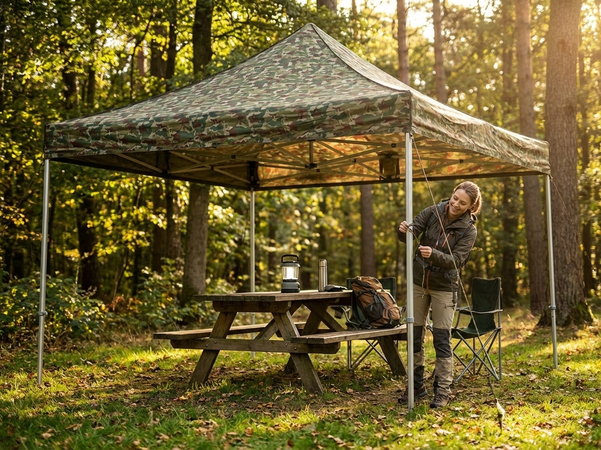 Pop up gazebo with camouflage design and steel frame for outdoor events