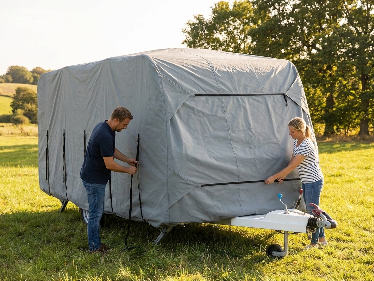 Grey caravan cover with dimensions 5.2x2.5x2.25 m, water-resistant