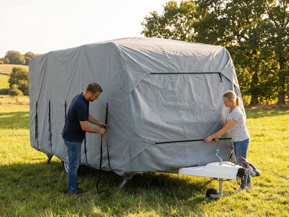 Grey caravan cover with dimensions 5.2x2.5x2.25 m, water-resistant