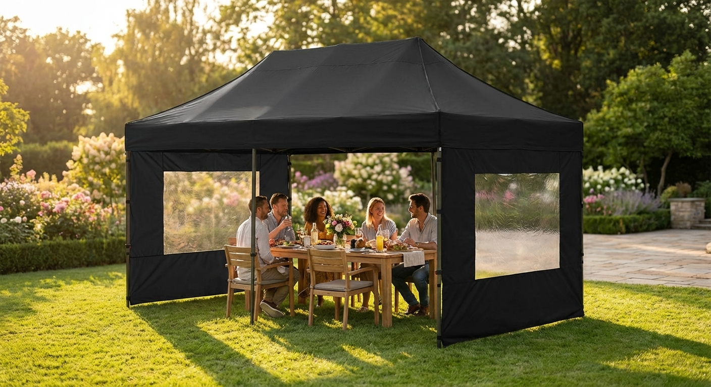 Black pop-up gazebo 3x6 meters with steel frame for outdoor use