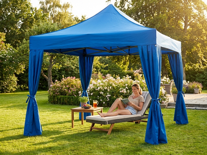 Blue pop-up gazebo with steel frame for outdoor use