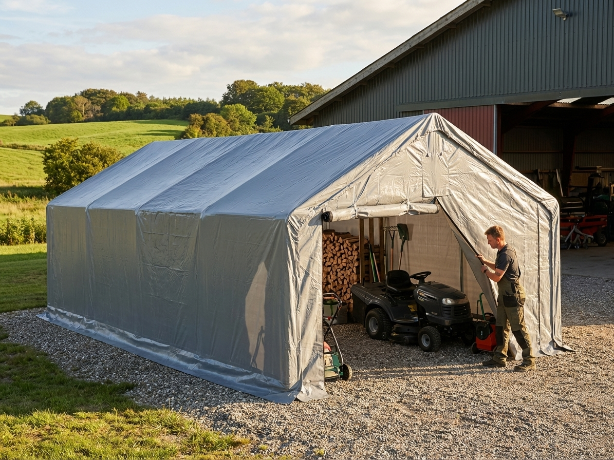 Grey storage shelter with PE tarpaulin and steel frame - view 3