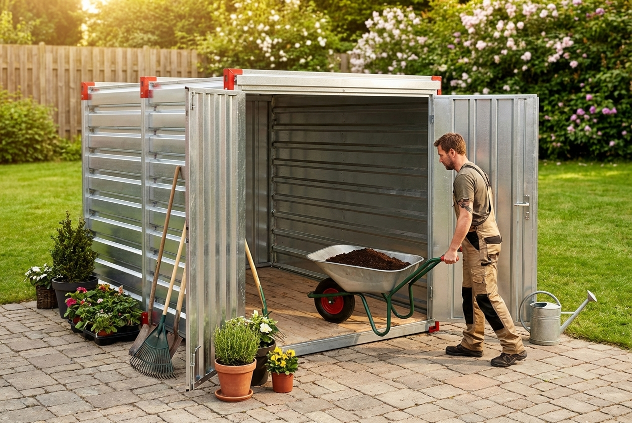Steel storage container for warehouse use
