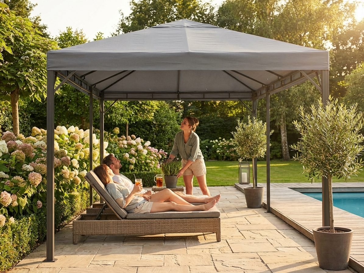 Grey gazebo wind roof 3x4 m for outdoor use