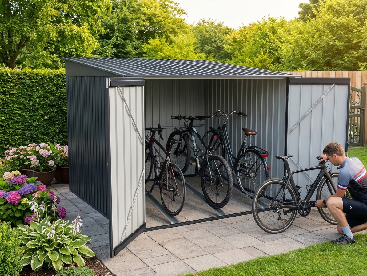 Anthracite bike shed made from galvanised steel for outdoor storage