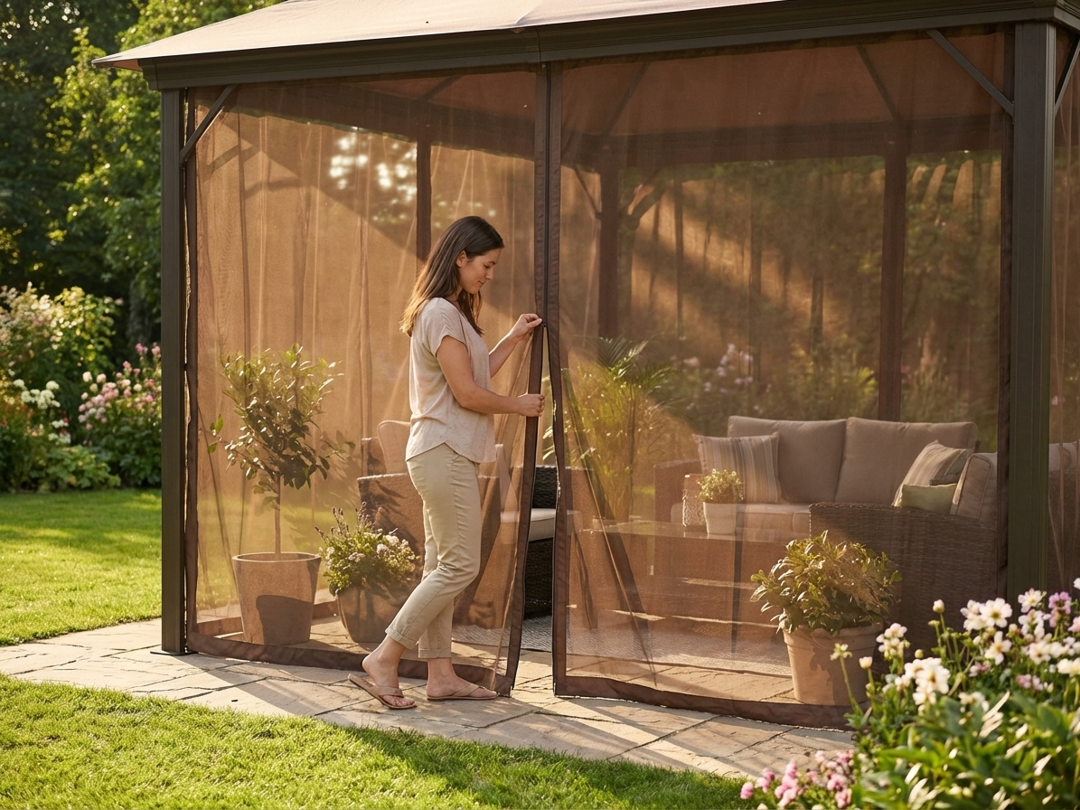 Brown mesh gazebo curtain 4x4m for outdoor use - view 3