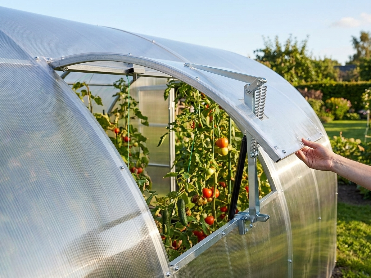 Greenhouse ventilation window with automatic opener in silver
