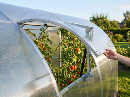 Greenhouse ventilation window with automatic opener in silver