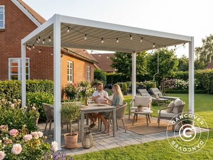 Bioclimatic pergola gazebo in white, outdoor shelter