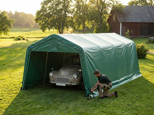 Green garage roof cover made of PVC, measuring 3.6x8.4m, for outdoor use - product detail