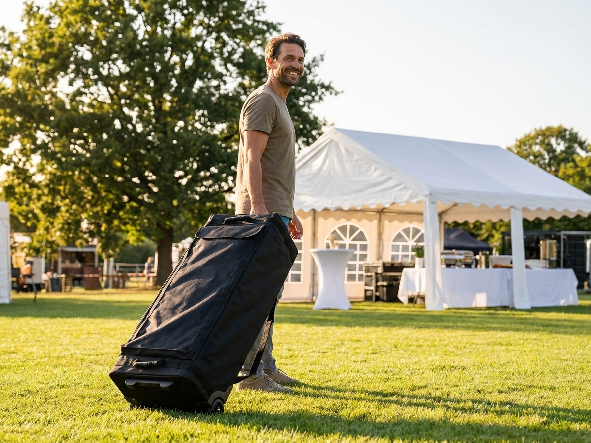 Black carry bag with wheels, made from 600D Polyester, ideal for event transport