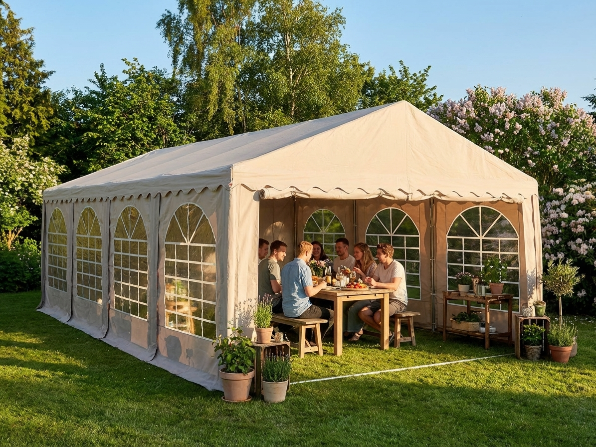 Sand-coloured 5x8m PVC/Polyester marquee for events