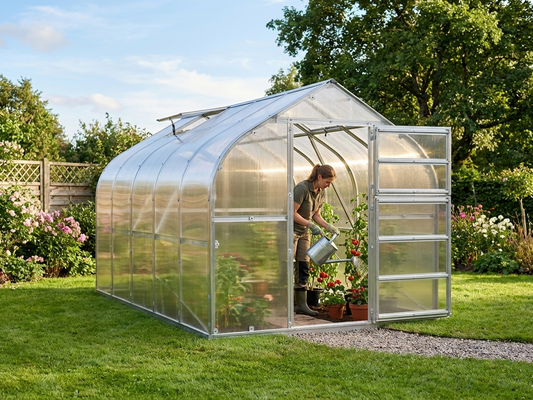 Silver polycarbonate greenhouse with galvanised steel frame