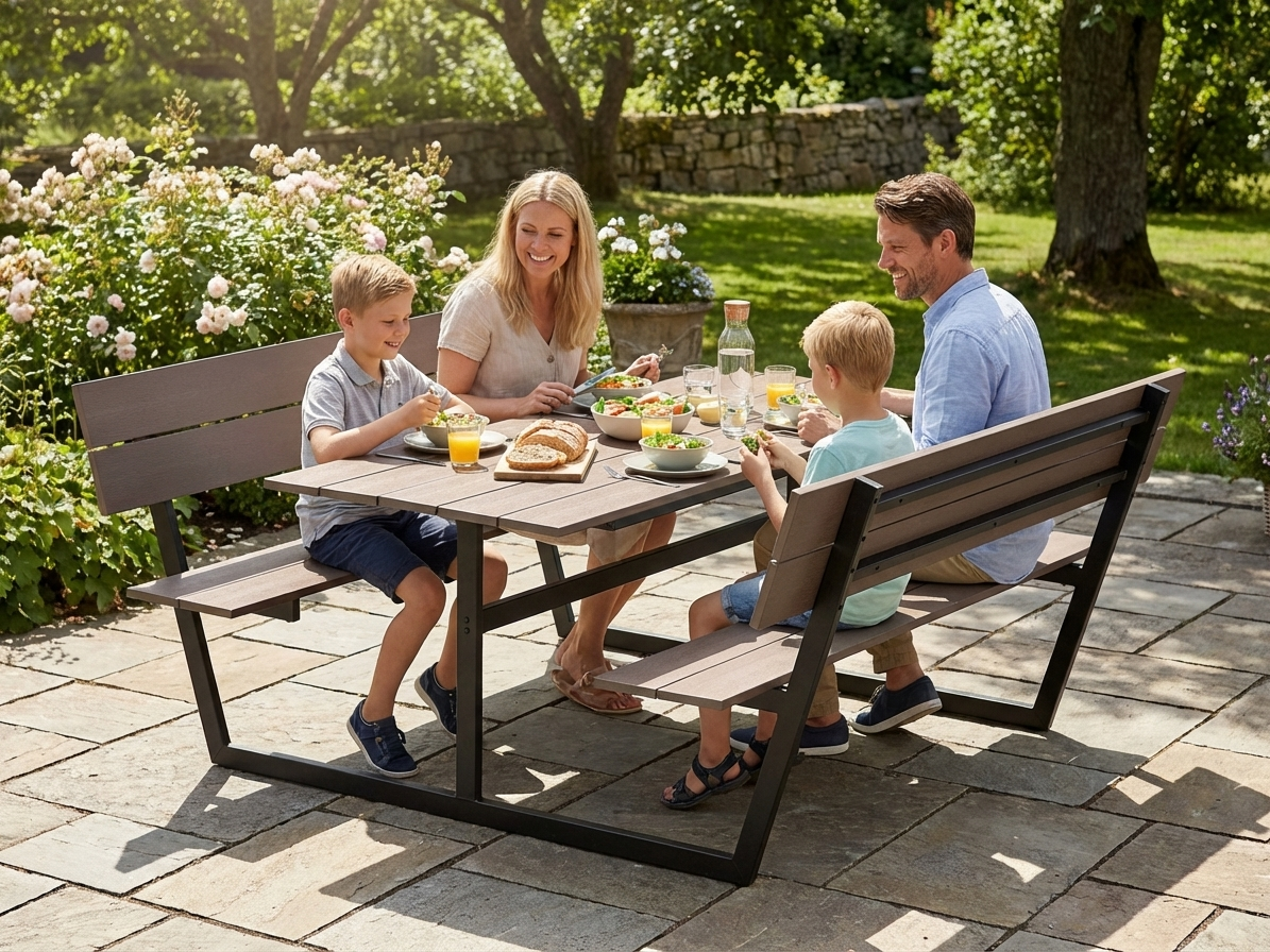 Picnic table in Black/Anthracite with a polystyrene top and steel frame