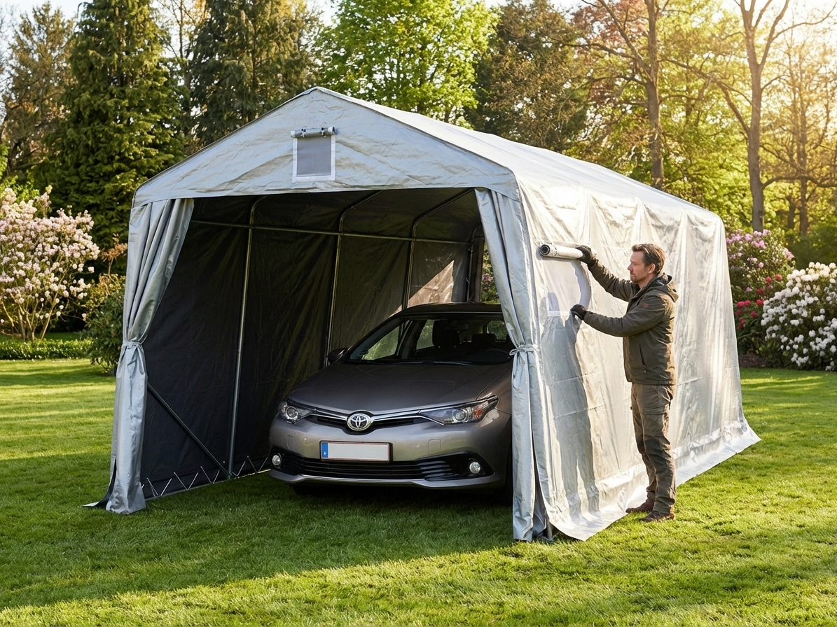 Portable garage in grey, size 3.3x7.2x2.4 m, outdoor storage solution - product detail