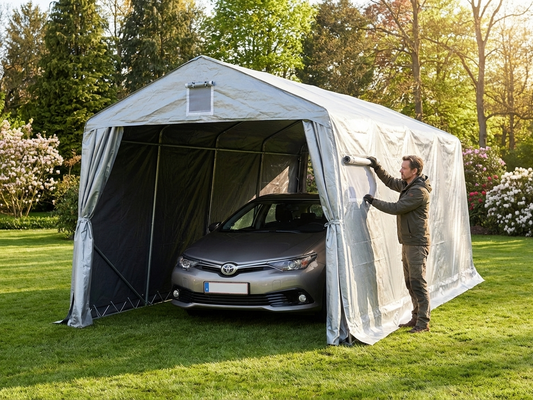 Portable garage in grey, size 3.3x7.2x2.4 m, outdoor storage solution - product detail