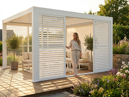 Louvre sliding door set in white for pergolas and gazebos - product detail