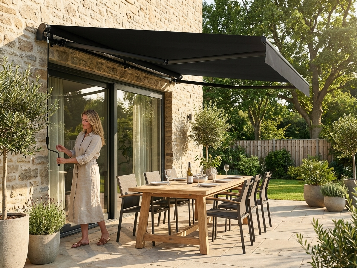 Black awning with crank handle and aluminium frame for outdoor use