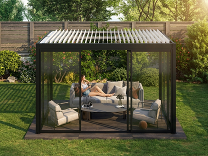 Bioclimatic pergola gazebo with sliding doors in black and white